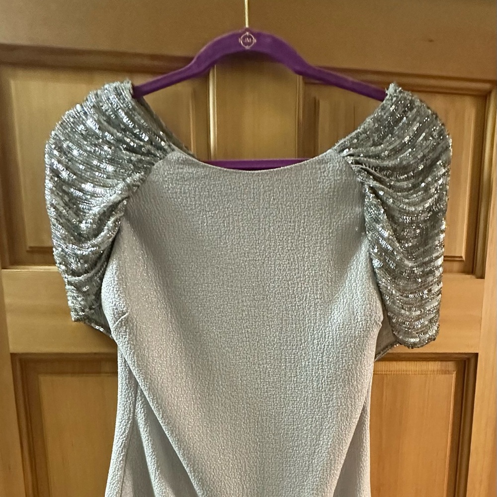 Elegant Silver Dress with Sequin Sleeves